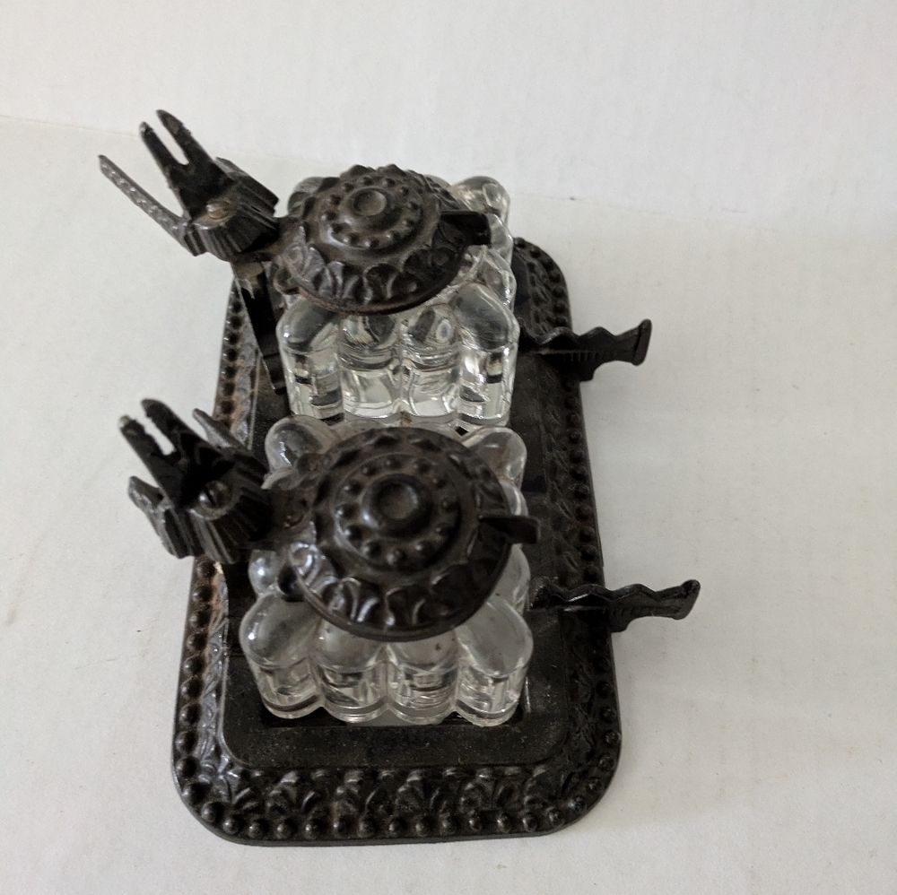 Antique- Tatum Dual Cast Iron Stand w/ Faceted Glass Ink well.